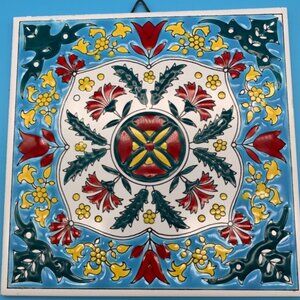 Vintage, Early, H&R Johnson, Greece, Philkeram Johnson 6" Tile Blue Red Tulips